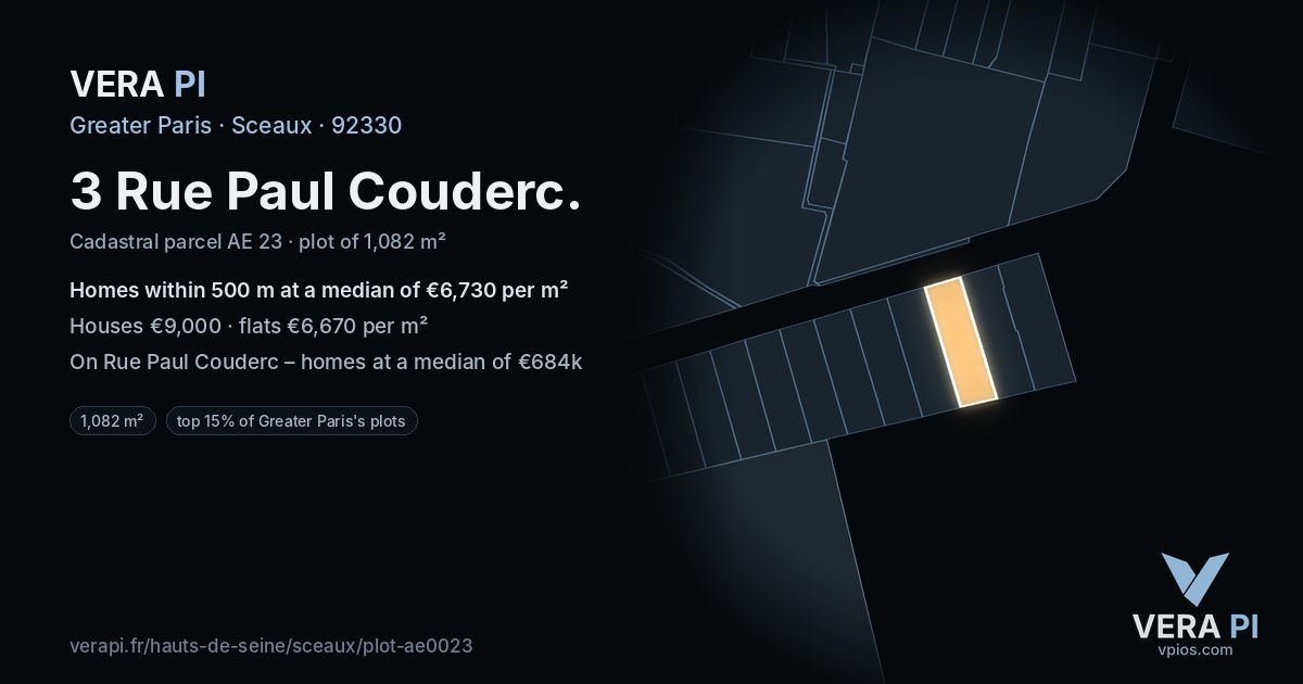 3 Rue Paul Couderc, Sceaux at night – the plot lit, the parcels around coloured by the prices near them