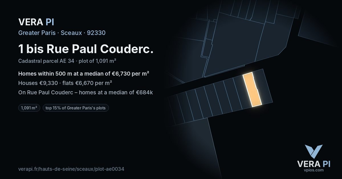 1 bis Rue Paul Couderc, Sceaux at night – the plot lit, the parcels around coloured by the prices near them