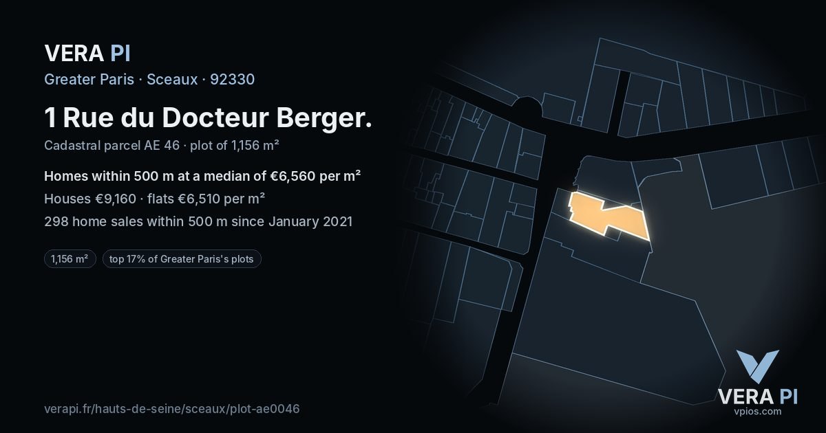 1 Rue du Docteur Berger, Sceaux at night – the plot lit, the parcels around coloured by the prices near them