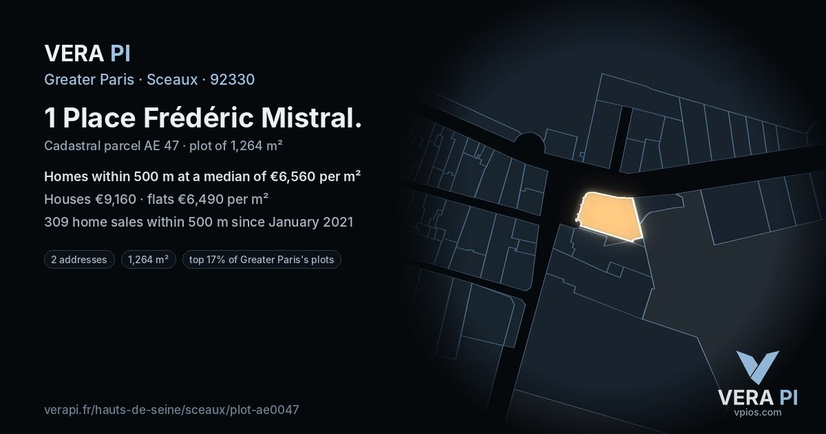 1 Place Frédéric Mistral, Sceaux at night – the plot lit, the parcels around coloured by the prices near them