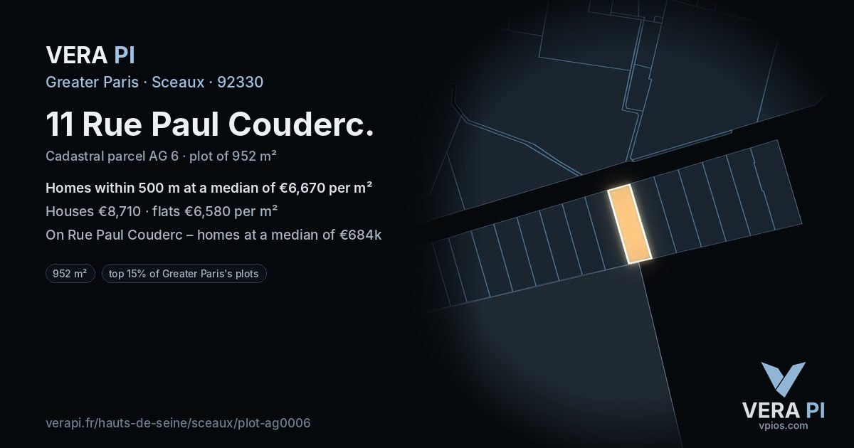 11 Rue Paul Couderc, Sceaux at night – the plot lit, the parcels around coloured by the prices near them