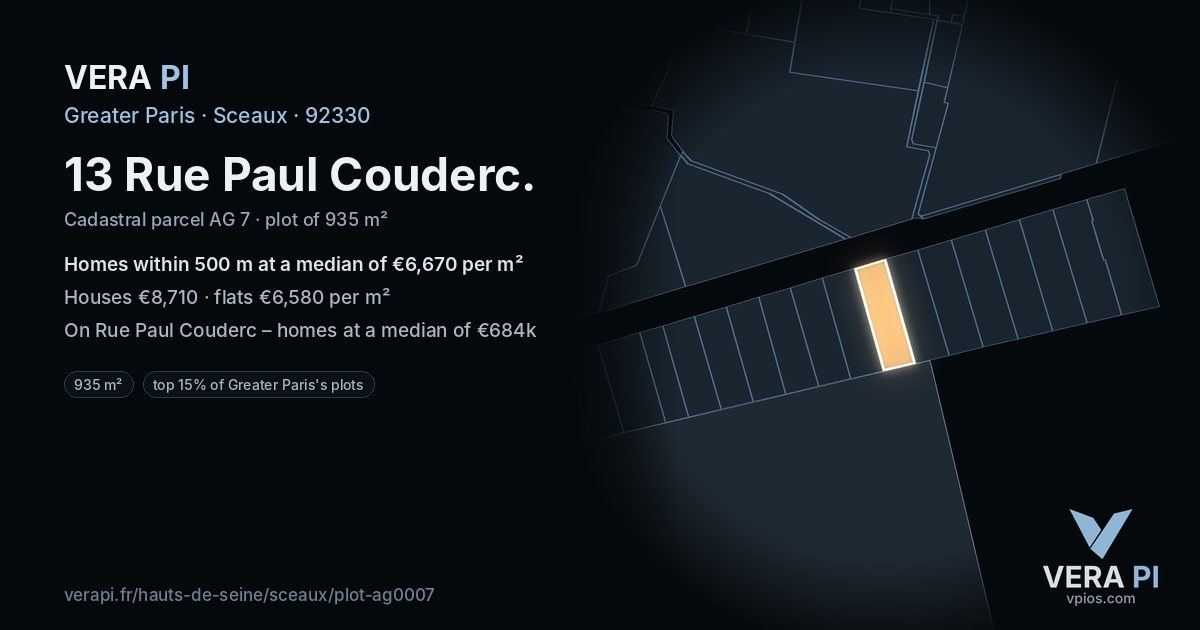 13 Rue Paul Couderc, Sceaux at night – the plot lit, the parcels around coloured by the prices near them