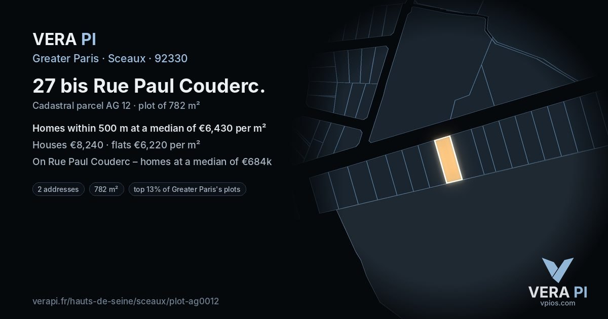 27 bis Rue Paul Couderc, Sceaux at night – the plot lit, the parcels around coloured by the prices near them