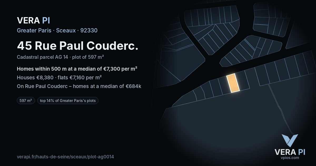 45 Rue Paul Couderc, Sceaux at night – the plot lit, the parcels around coloured by the prices near them