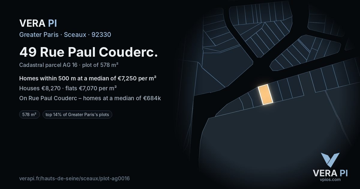 49 Rue Paul Couderc, Sceaux at night – the plot lit, the parcels around coloured by the prices near them
