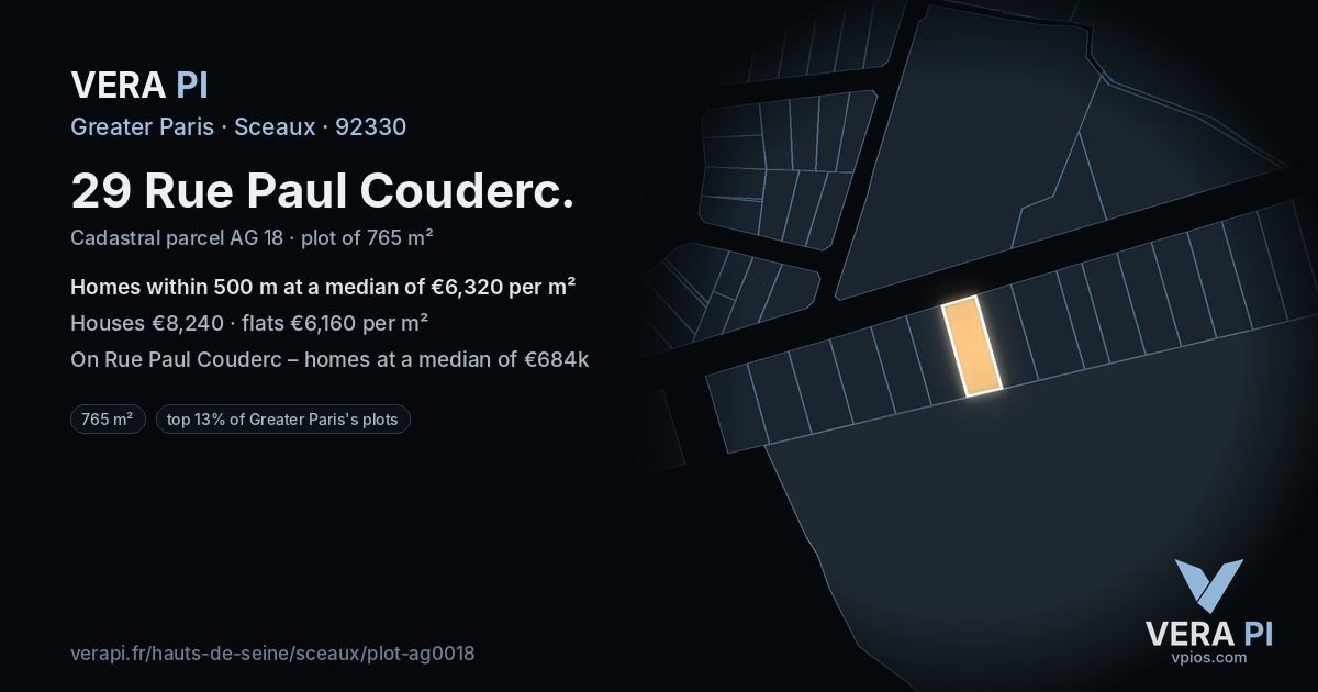 29 Rue Paul Couderc, Sceaux at night – the plot lit, the parcels around coloured by the prices near them