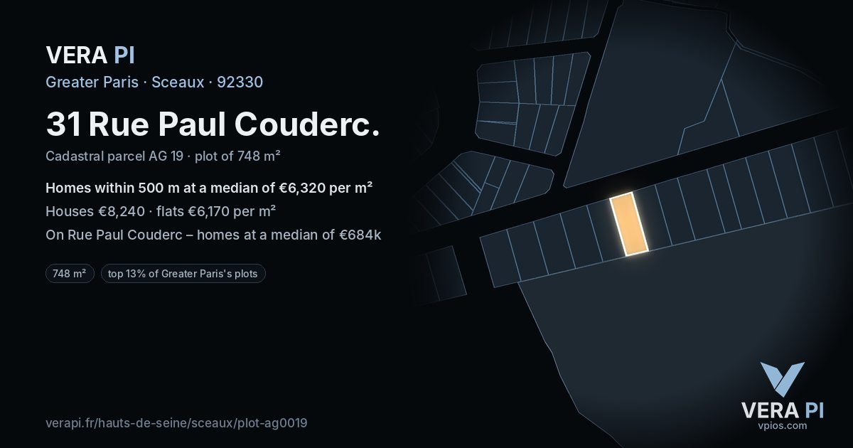 31 Rue Paul Couderc, Sceaux at night – the plot lit, the parcels around coloured by the prices near them