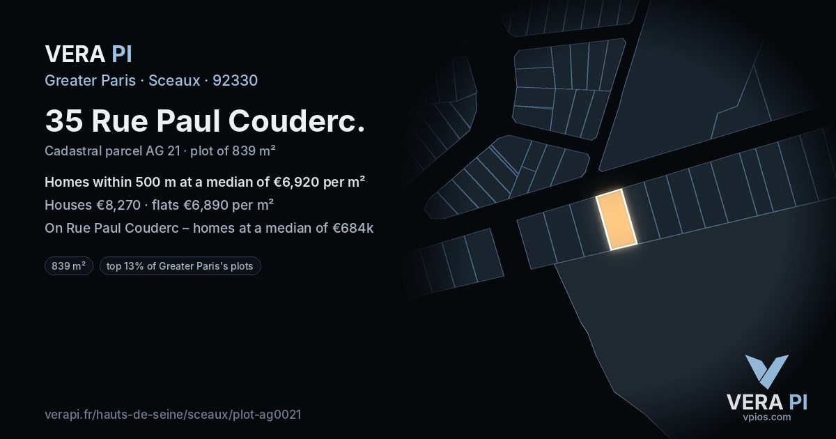 35 Rue Paul Couderc, Sceaux at night – the plot lit, the parcels around coloured by the prices near them