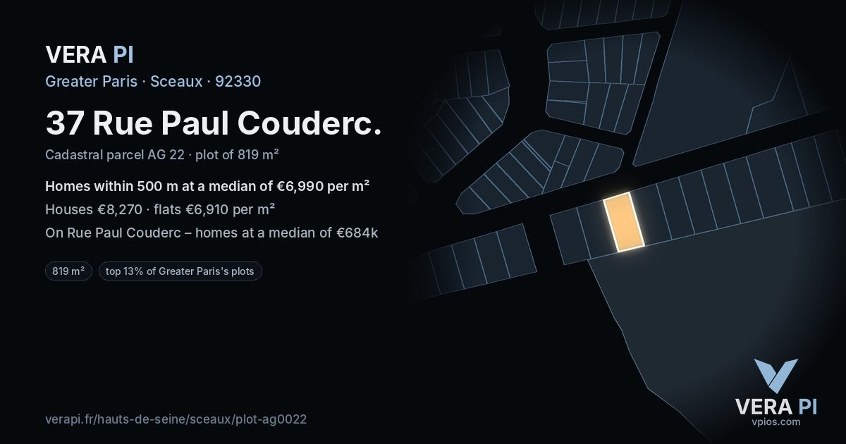 37 Rue Paul Couderc, Sceaux at night – the plot lit, the parcels around coloured by the prices near them