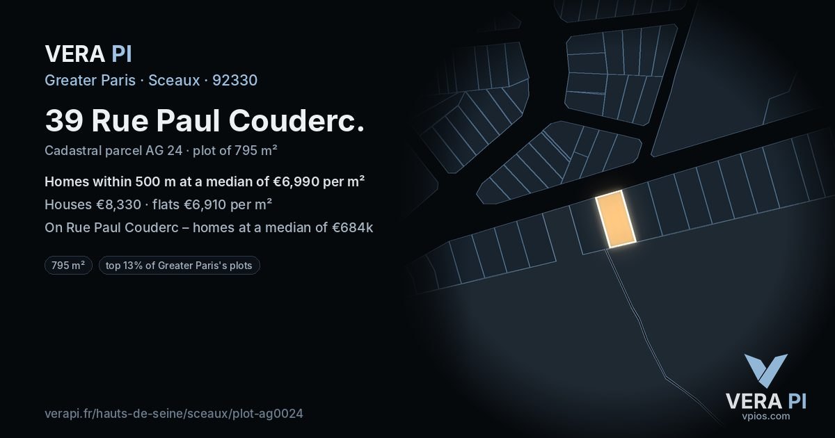 39 Rue Paul Couderc, Sceaux at night – the plot lit, the parcels around coloured by the prices near them