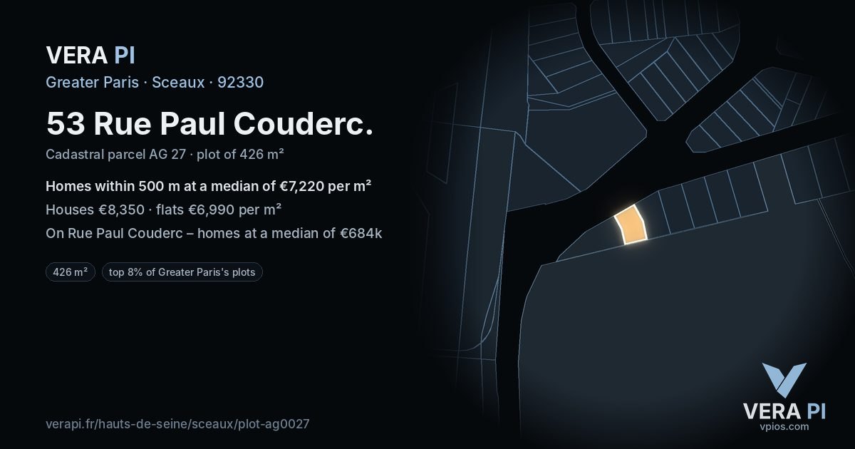 53 Rue Paul Couderc, Sceaux at night – the plot lit, the parcels around coloured by the prices near them