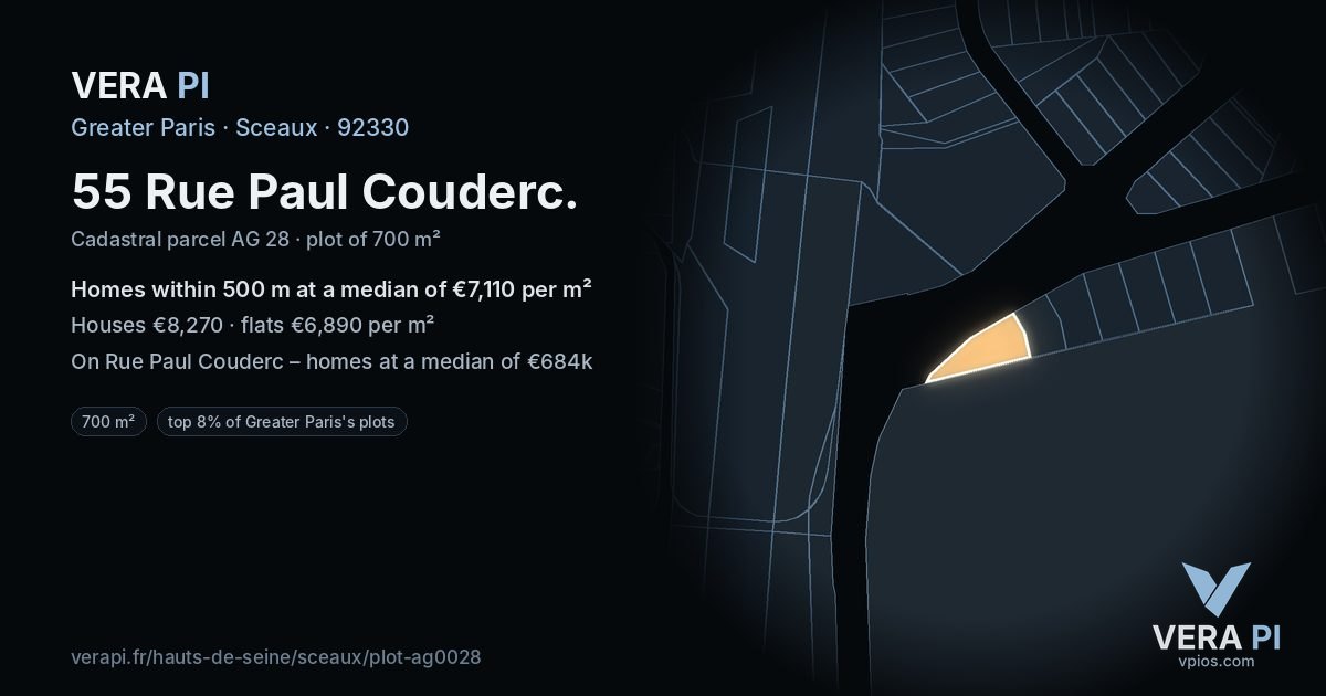 55 Rue Paul Couderc, Sceaux at night – the plot lit, the parcels around coloured by the prices near them