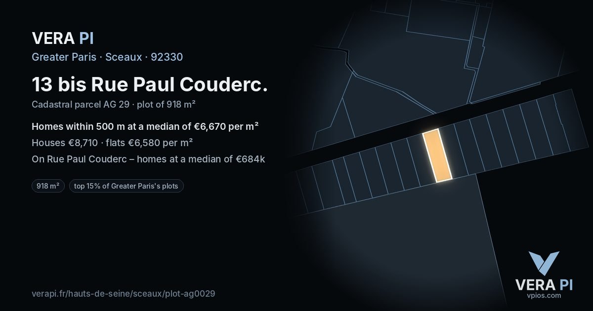 13 bis Rue Paul Couderc, Sceaux at night – the plot lit, the parcels around coloured by the prices near them