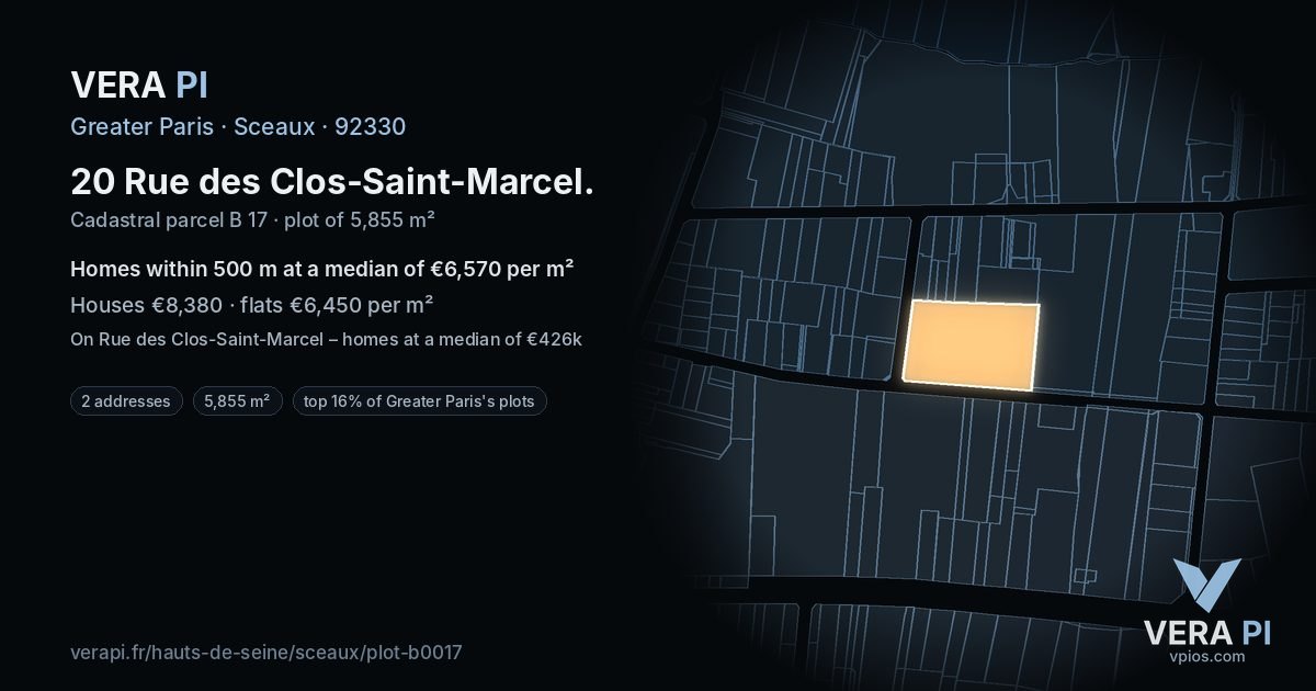 20 Rue des Clos-Saint-Marcel, Sceaux at night – the plot lit, the parcels around coloured by the prices near them