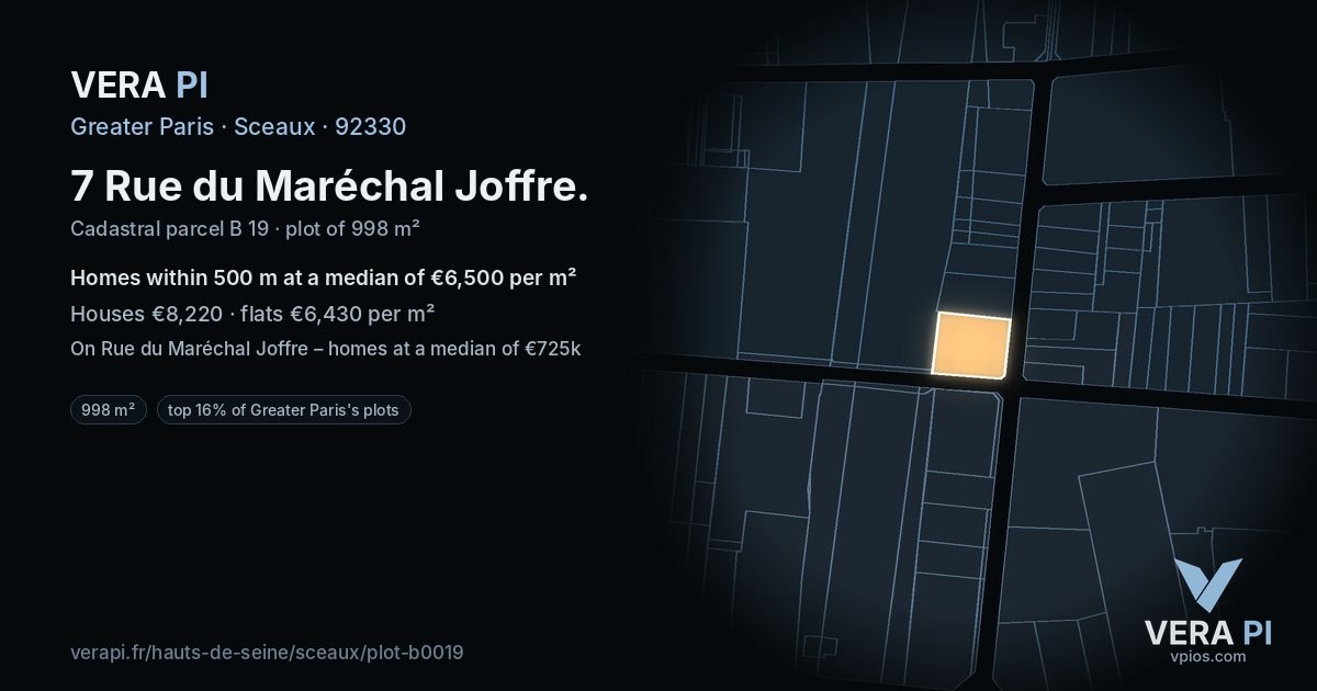 7 Rue du Maréchal Joffre, Sceaux at night – the plot lit, the parcels around coloured by the prices near them