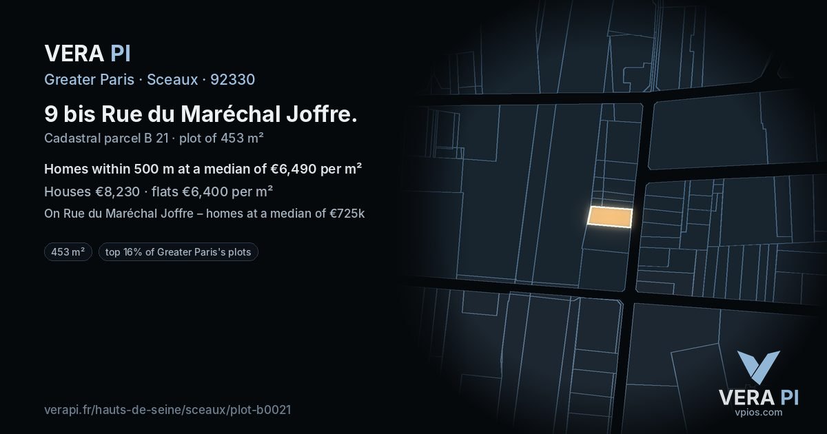 9 bis Rue du Maréchal Joffre, Sceaux at night – the plot lit, the parcels around coloured by the prices near them