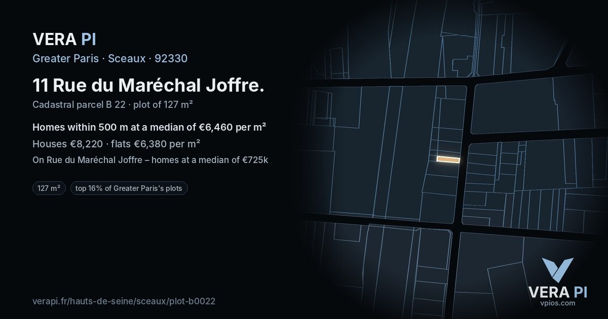 11 Rue du Maréchal Joffre, Sceaux at night – the plot lit, the parcels around coloured by the prices near them