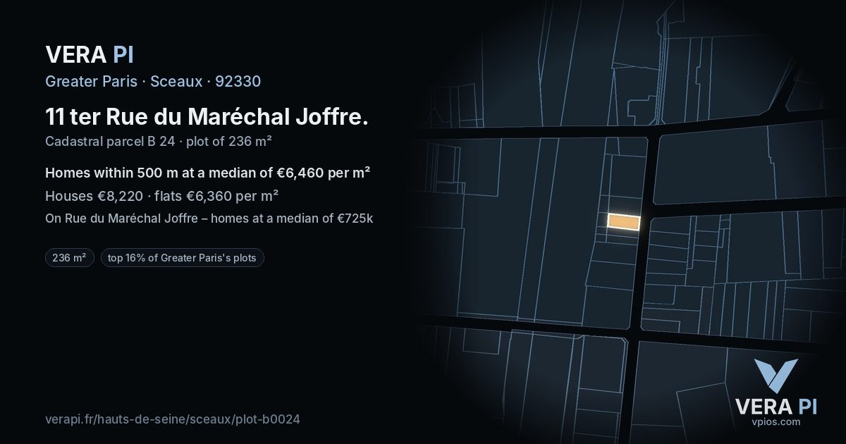 11 ter Rue du Maréchal Joffre, Sceaux at night – the plot lit, the parcels around coloured by the prices near them