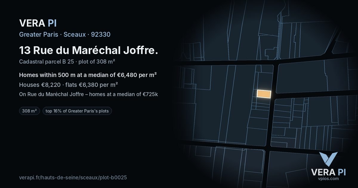 13 Rue du Maréchal Joffre, Sceaux at night – the plot lit, the parcels around coloured by the prices near them
