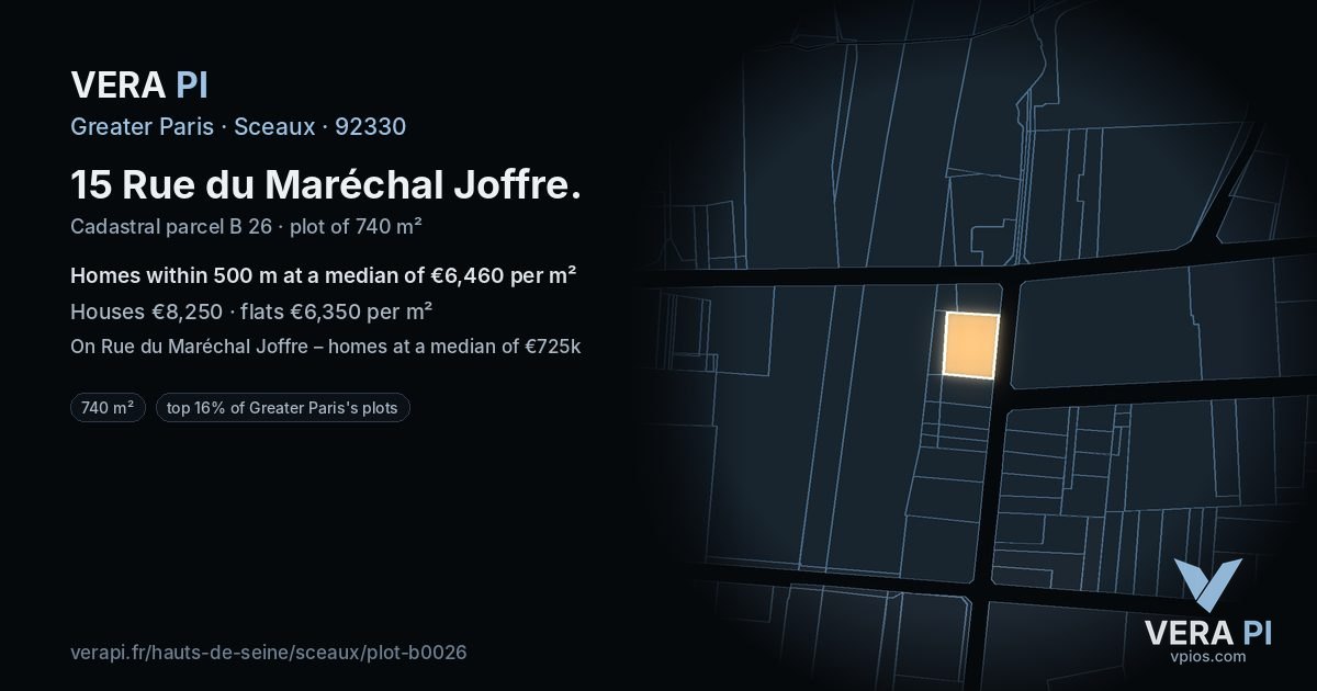 15 Rue du Maréchal Joffre, Sceaux at night – the plot lit, the parcels around coloured by the prices near them