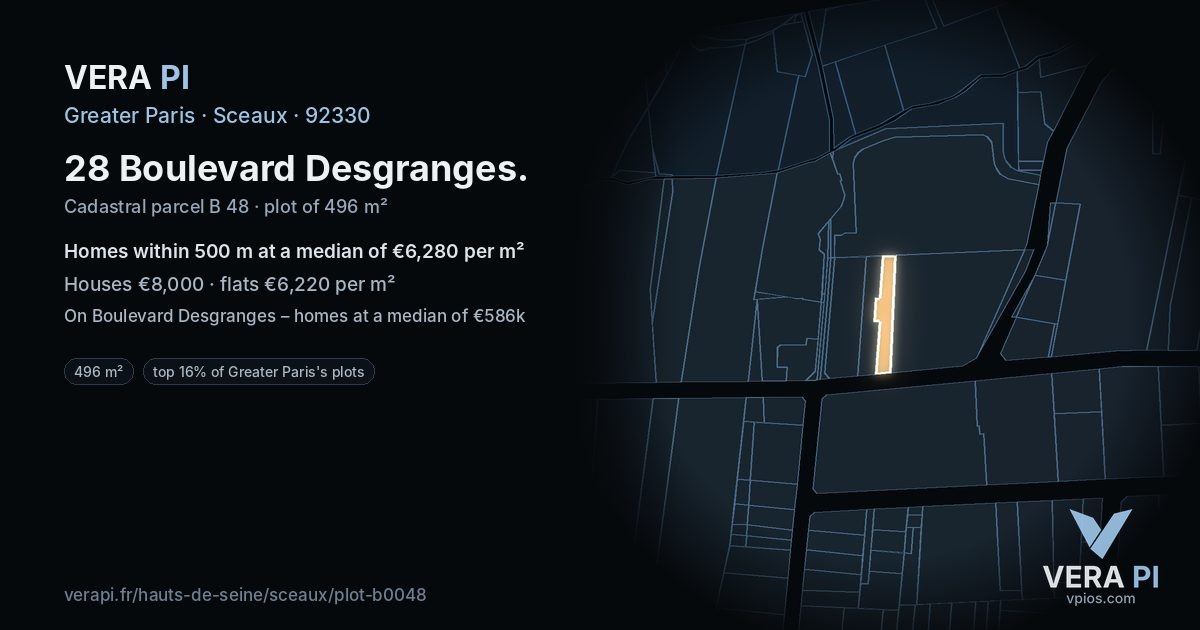 28 Boulevard Desgranges, Sceaux at night – the plot lit, the parcels around coloured by the prices near them