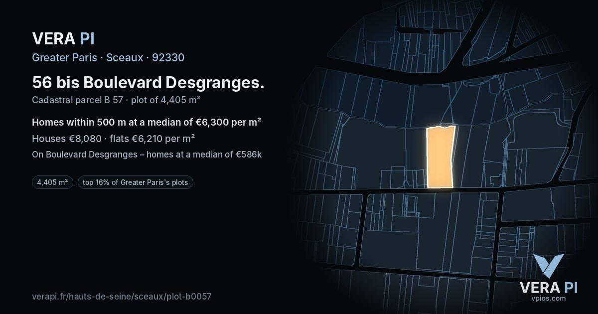 56 bis Boulevard Desgranges, Sceaux at night – the plot lit, the parcels around coloured by the prices near them