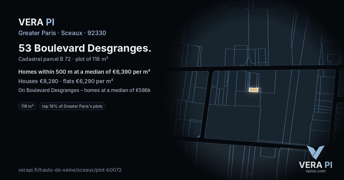 53 Boulevard Desgranges, Sceaux at night – the plot lit, the parcels around coloured by the prices near them