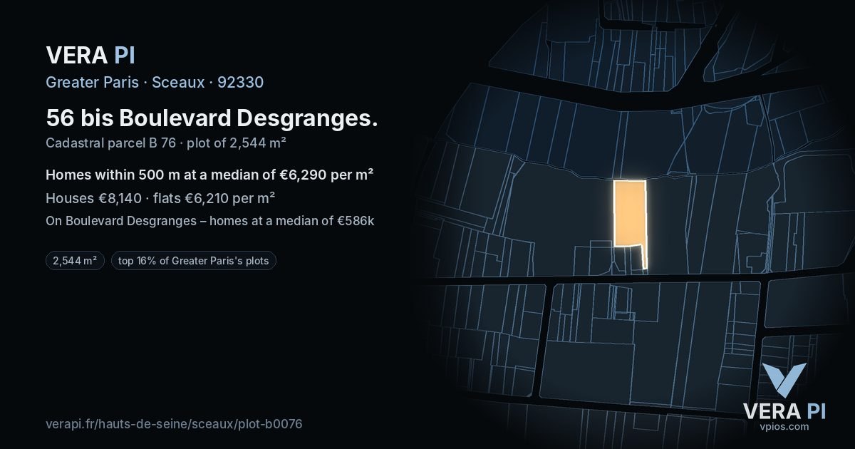 56 bis Boulevard Desgranges, Sceaux at night – the plot lit, the parcels around coloured by the prices near them