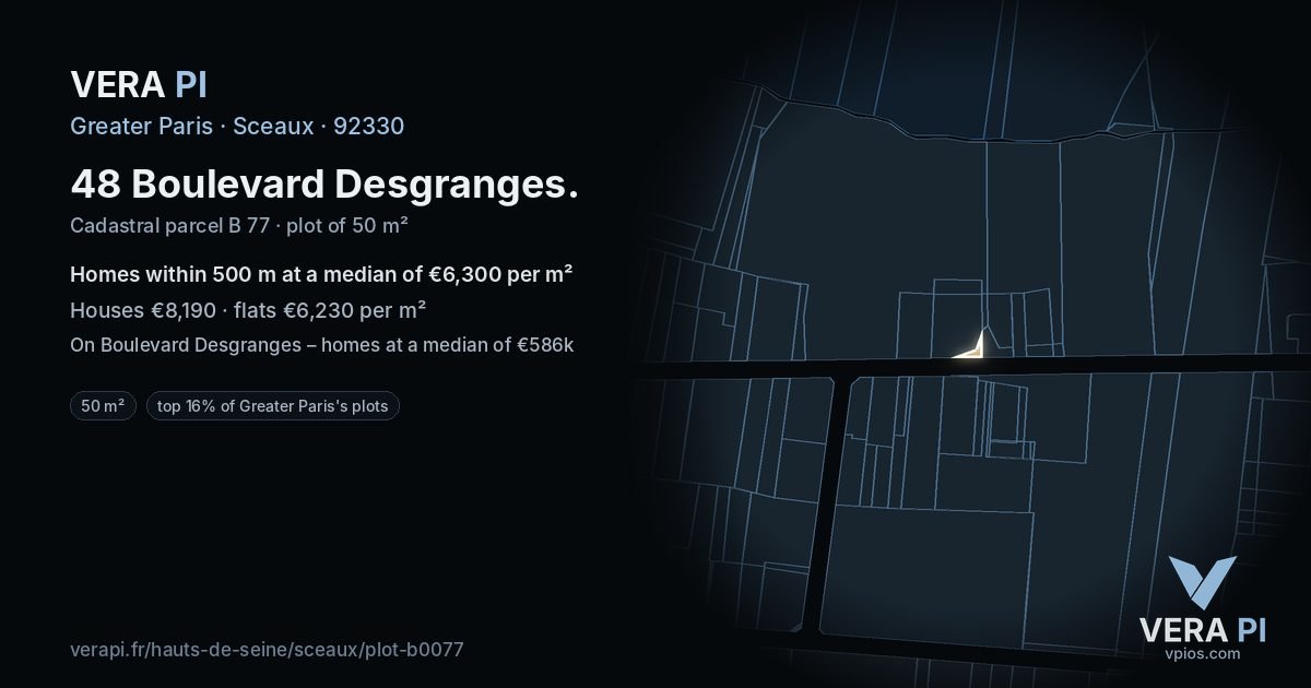 48 Boulevard Desgranges, Sceaux at night – the plot lit, the parcels around coloured by the prices near them