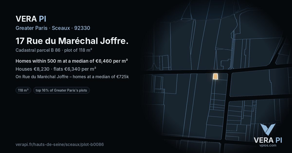 17 Rue du Maréchal Joffre, Sceaux at night – the plot lit, the parcels around coloured by the prices near them