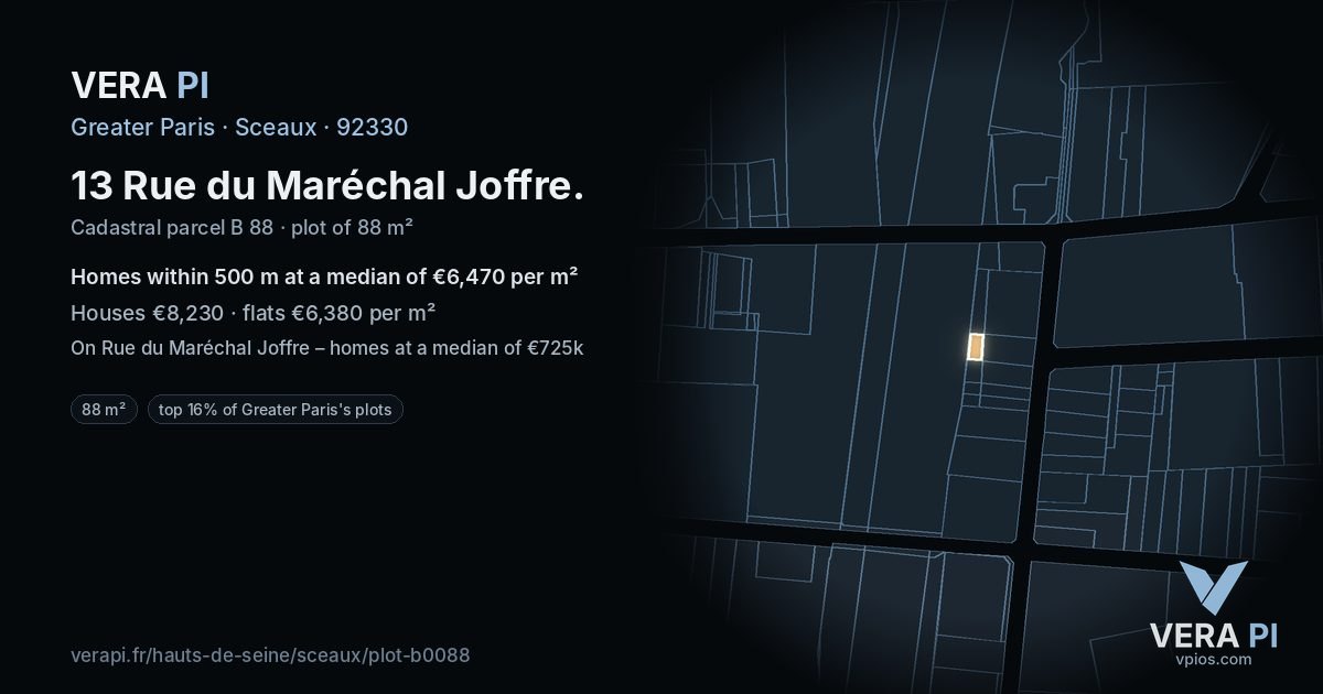 13 Rue du Maréchal Joffre, Sceaux at night – the plot lit, the parcels around coloured by the prices near them