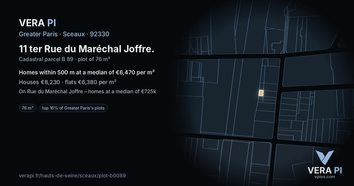 11 ter Rue du Maréchal Joffre, Sceaux at night – the plot lit, the parcels around coloured by the prices near them