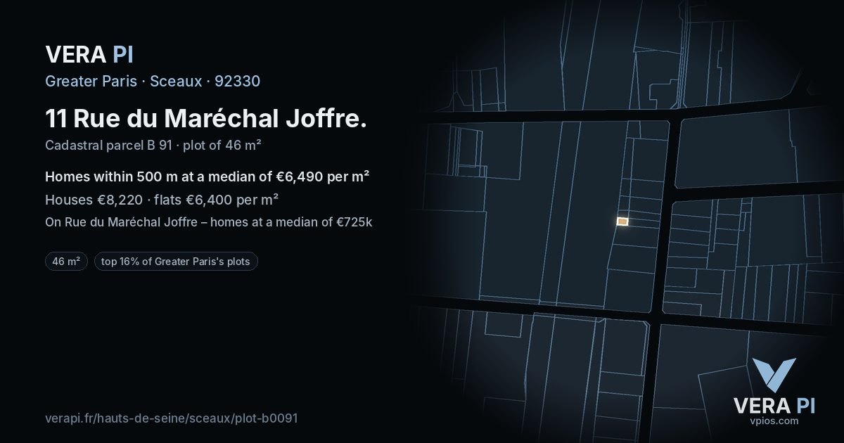 11 Rue du Maréchal Joffre, Sceaux at night – the plot lit, the parcels around coloured by the prices near them