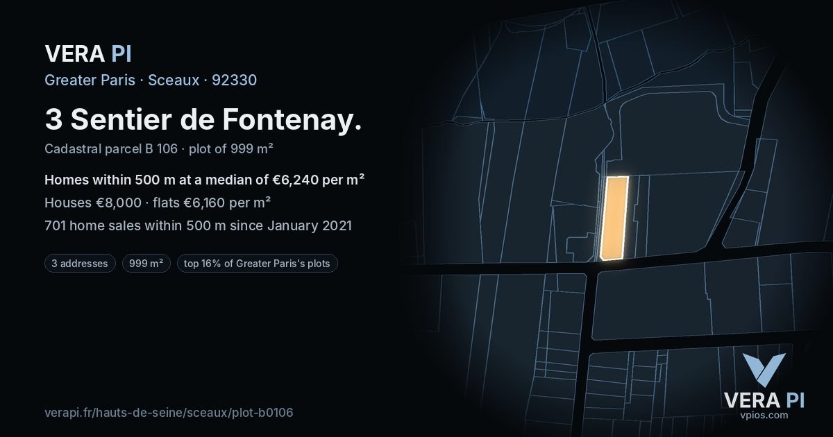 3 Sentier de Fontenay, Sceaux at night – the plot lit, the parcels around coloured by the prices near them