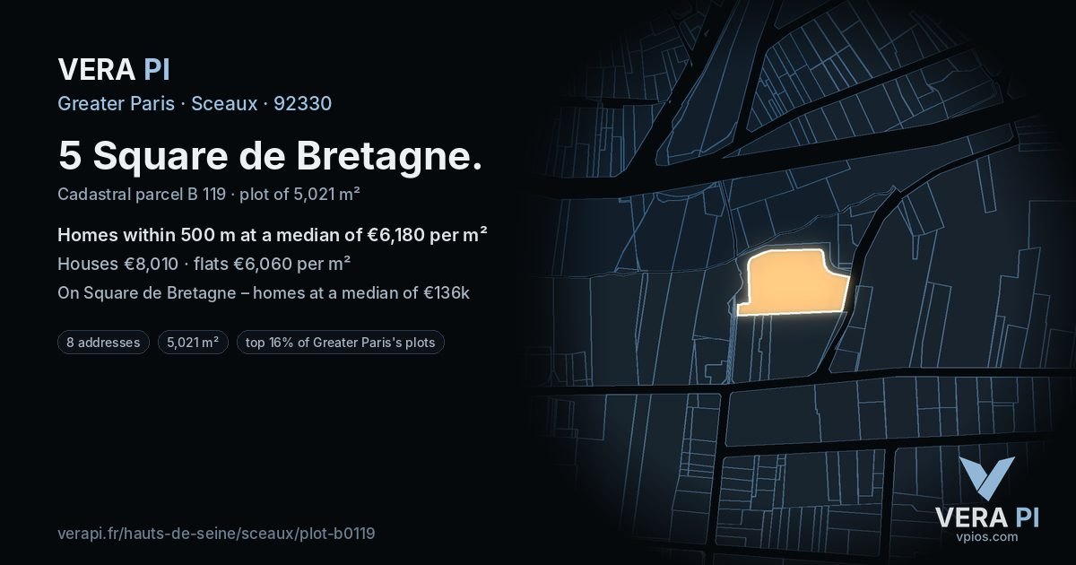 5 Square de Bretagne, Sceaux at night – the plot lit, the parcels around coloured by the prices near them