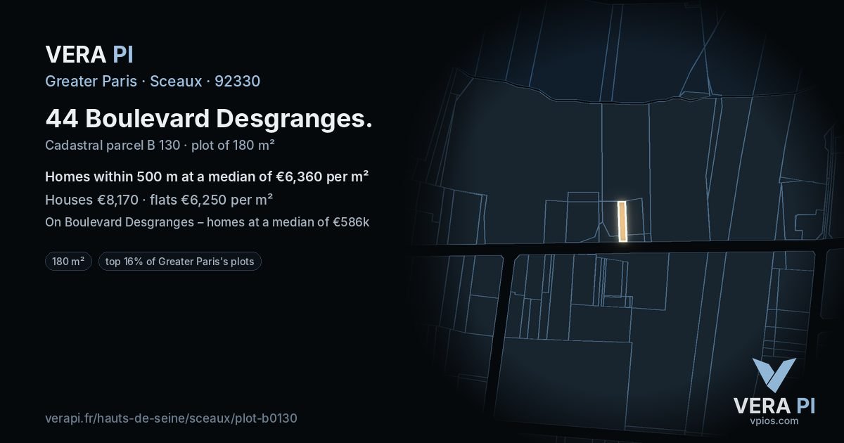 44 Boulevard Desgranges, Sceaux at night – the plot lit, the parcels around coloured by the prices near them