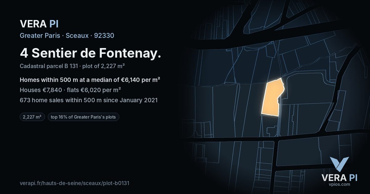 4 Sentier de Fontenay, Sceaux at night – the plot lit, the parcels around coloured by the prices near them