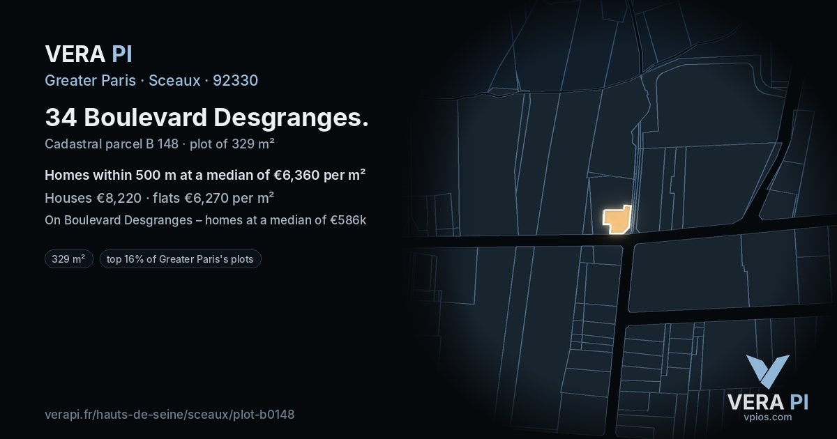 34 Boulevard Desgranges, Sceaux at night – the plot lit, the parcels around coloured by the prices near them