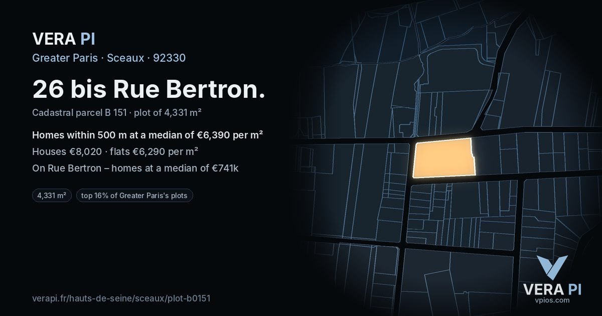 26 bis Rue Bertron, Sceaux at night – the plot lit, the parcels around coloured by the prices near them