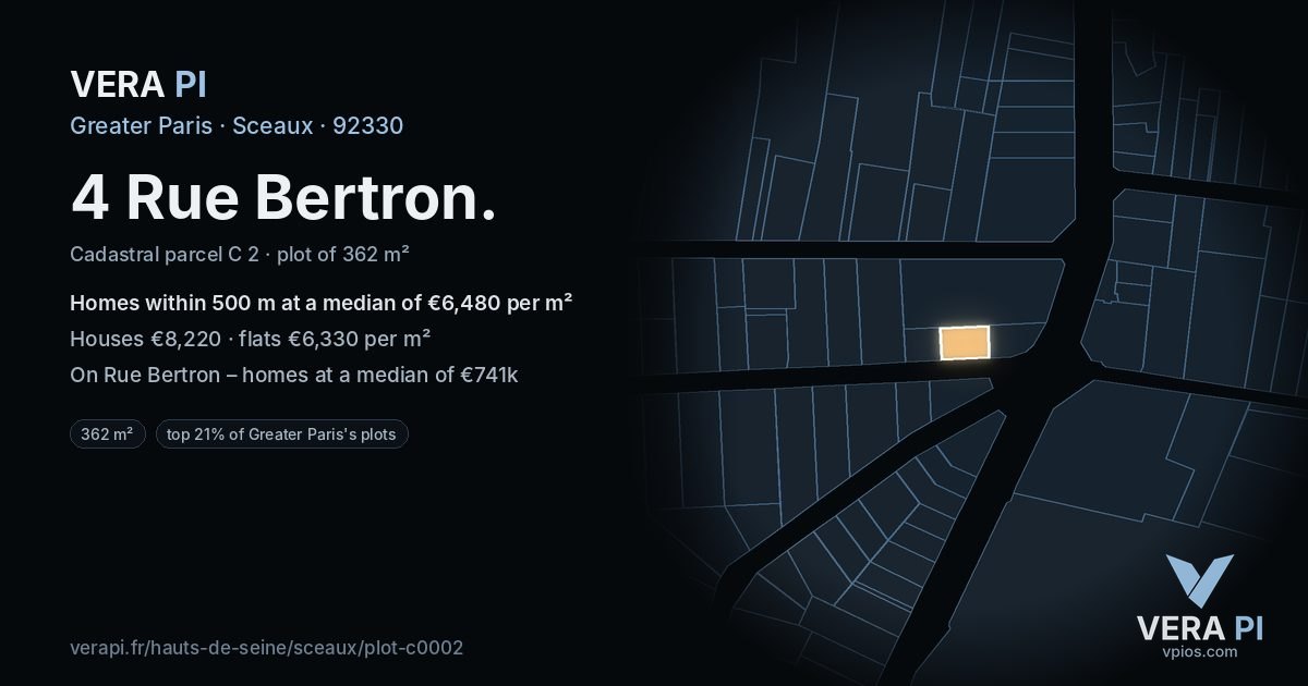4 Rue Bertron, Sceaux at night – the plot lit, the parcels around coloured by the prices near them