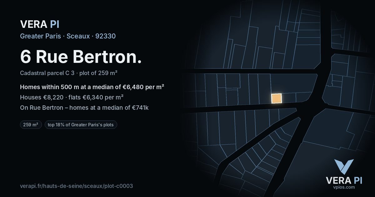 6 Rue Bertron, Sceaux at night – the plot lit, the parcels around coloured by the prices near them