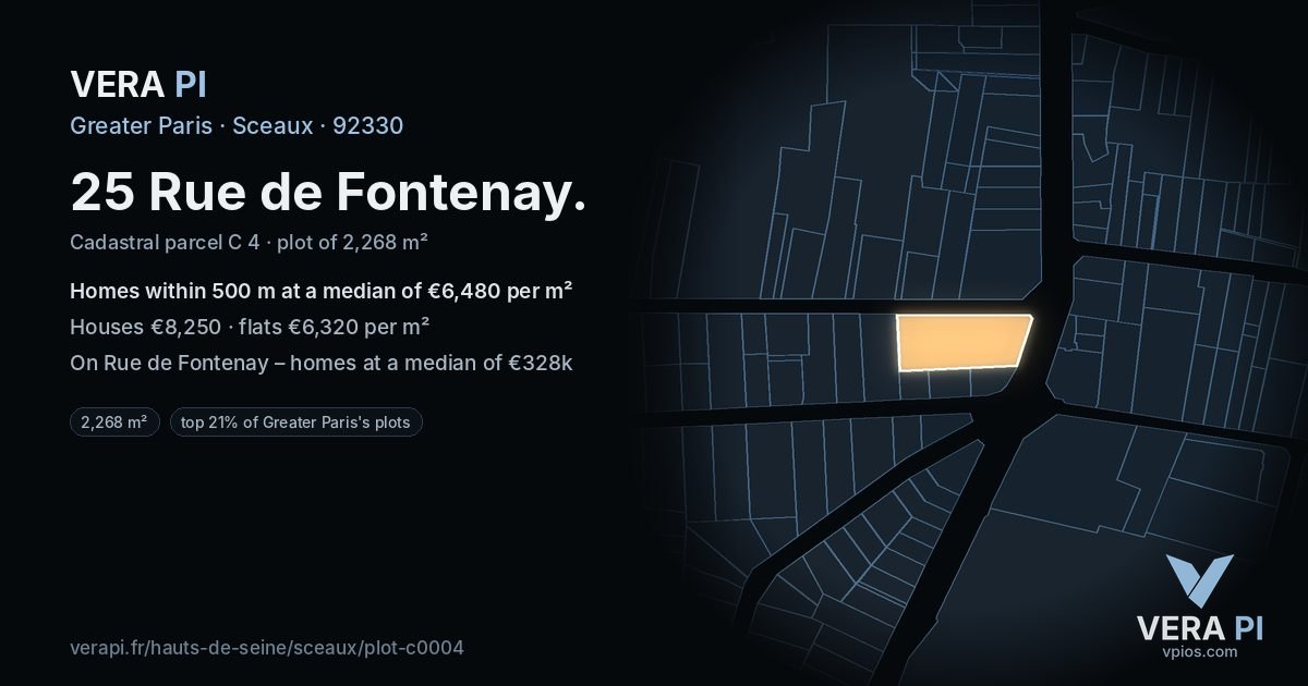 25 Rue de Fontenay, Sceaux at night – the plot lit, the parcels around coloured by the prices near them