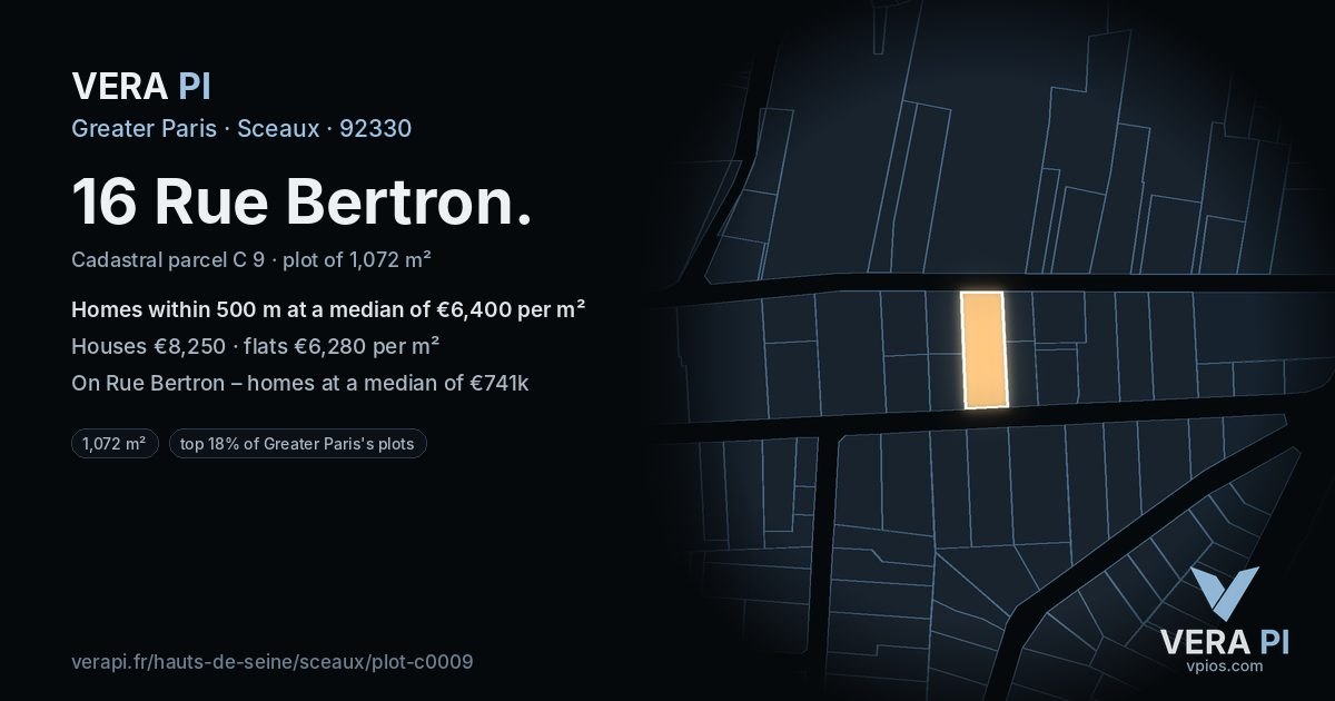 16 Rue Bertron, Sceaux at night – the plot lit, the parcels around coloured by the prices near them