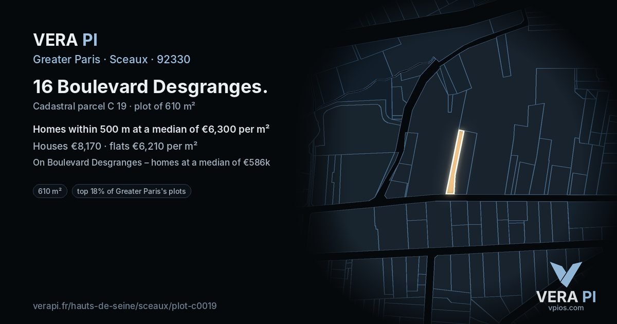16 Boulevard Desgranges, Sceaux at night – the plot lit, the parcels around coloured by the prices near them