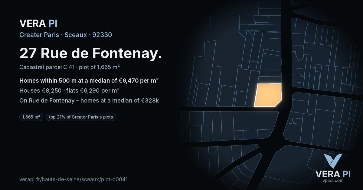 27 Rue de Fontenay, Sceaux at night – the plot lit, the parcels around coloured by the prices near them