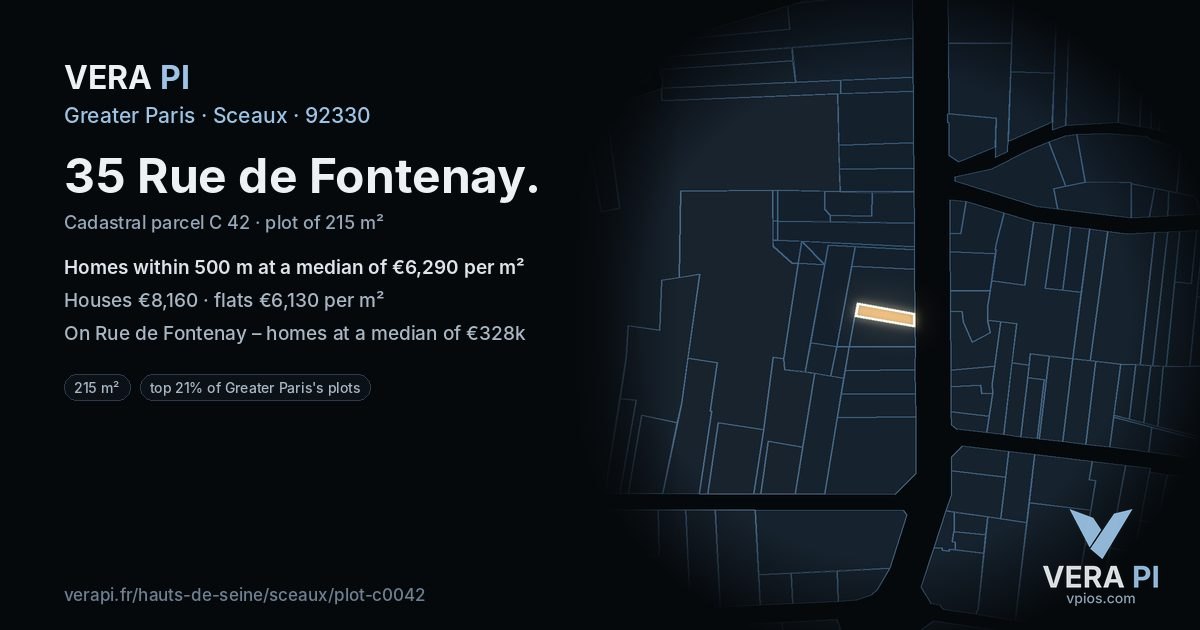 35 Rue de Fontenay, Sceaux at night – the plot lit, the parcels around coloured by the prices near them