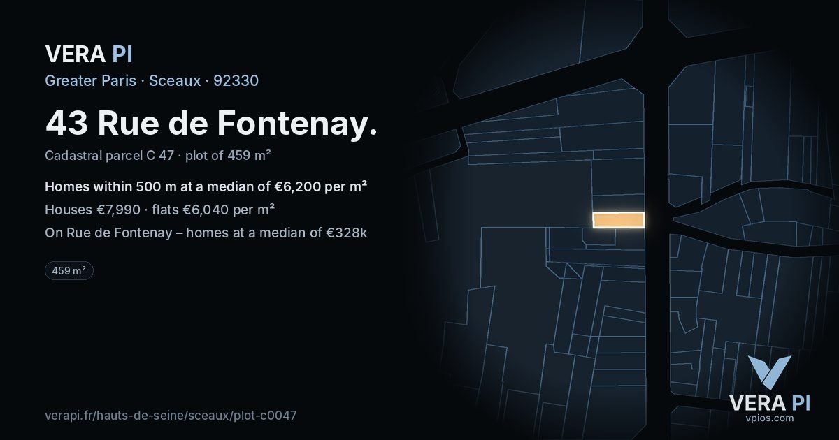 43 Rue de Fontenay, Sceaux at night – the plot lit, the parcels around coloured by the prices near them