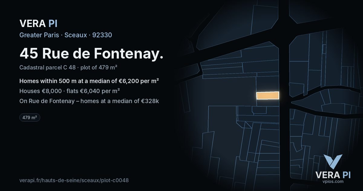 45 Rue de Fontenay, Sceaux at night – the plot lit, the parcels around coloured by the prices near them