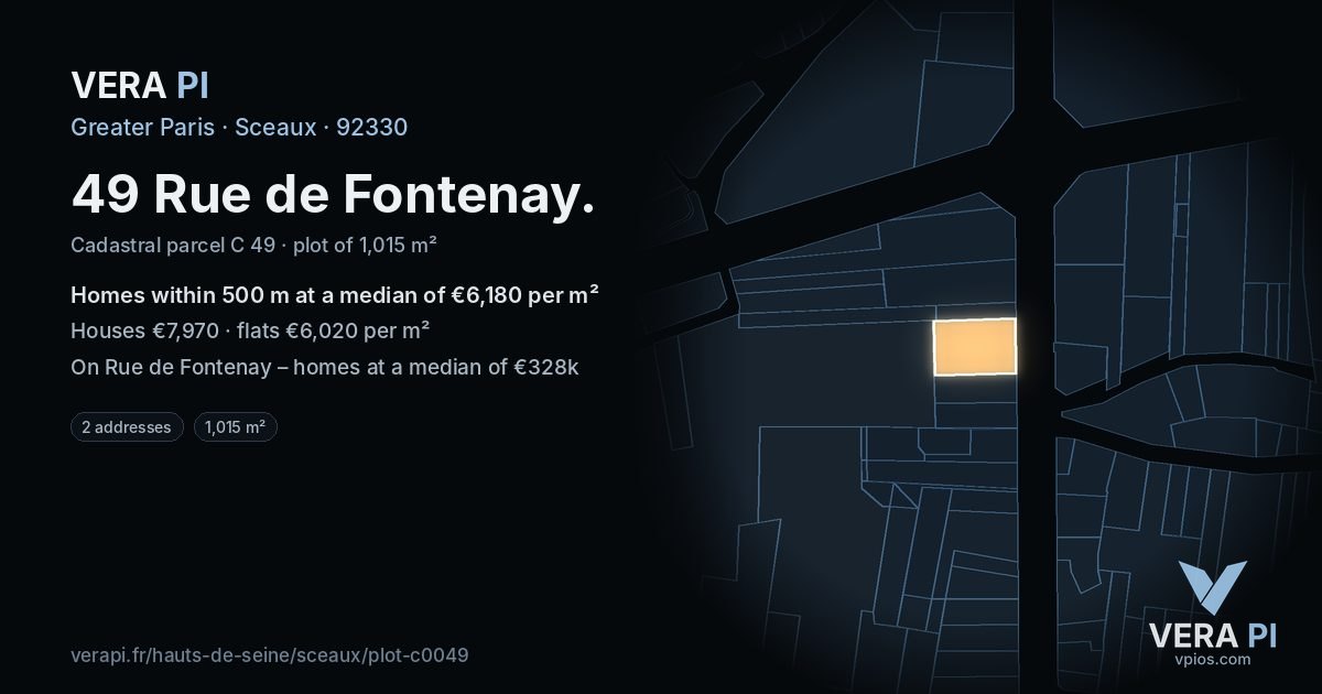 49 Rue de Fontenay, Sceaux at night – the plot lit, the parcels around coloured by the prices near them