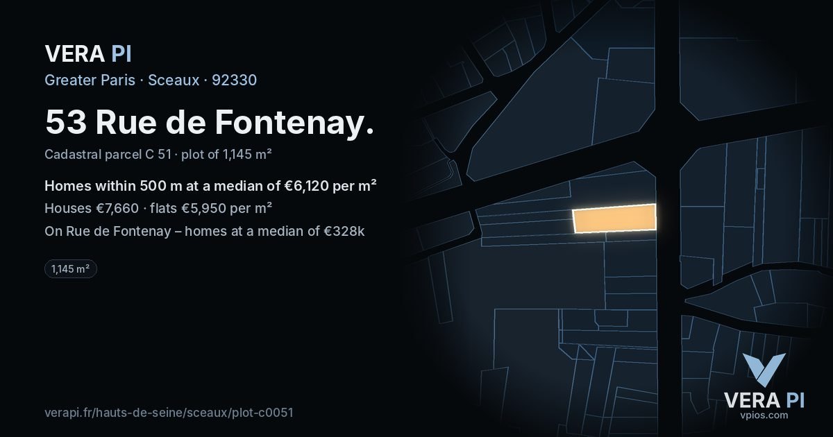 53 Rue de Fontenay, Sceaux at night – the plot lit, the parcels around coloured by the prices near them